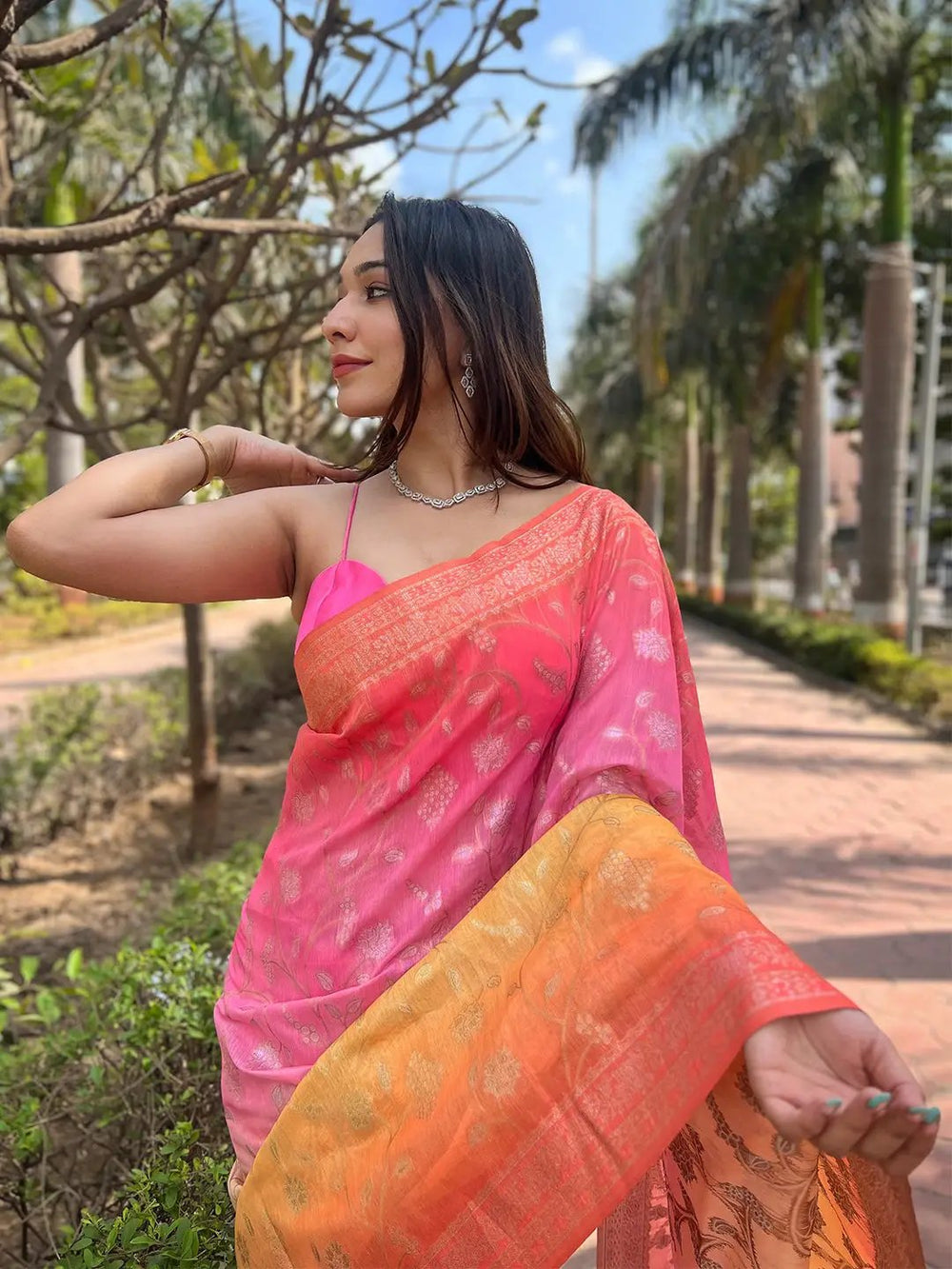Pink & Orange Soft Silk Saree with Ombre Weave and Gold Zari Work