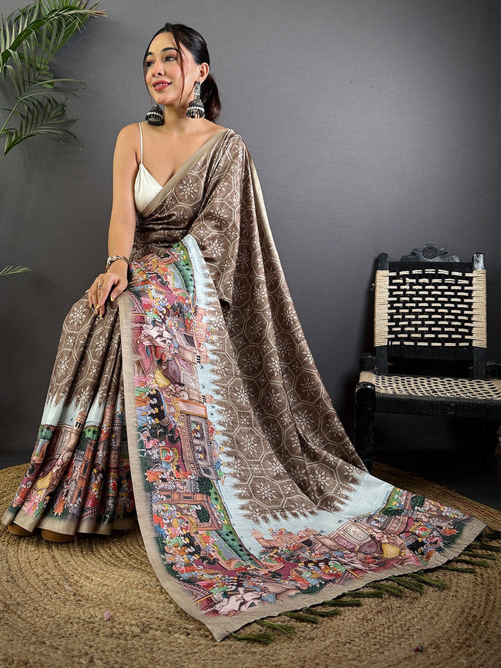 Brown Kalamkari Printed Saree for Women