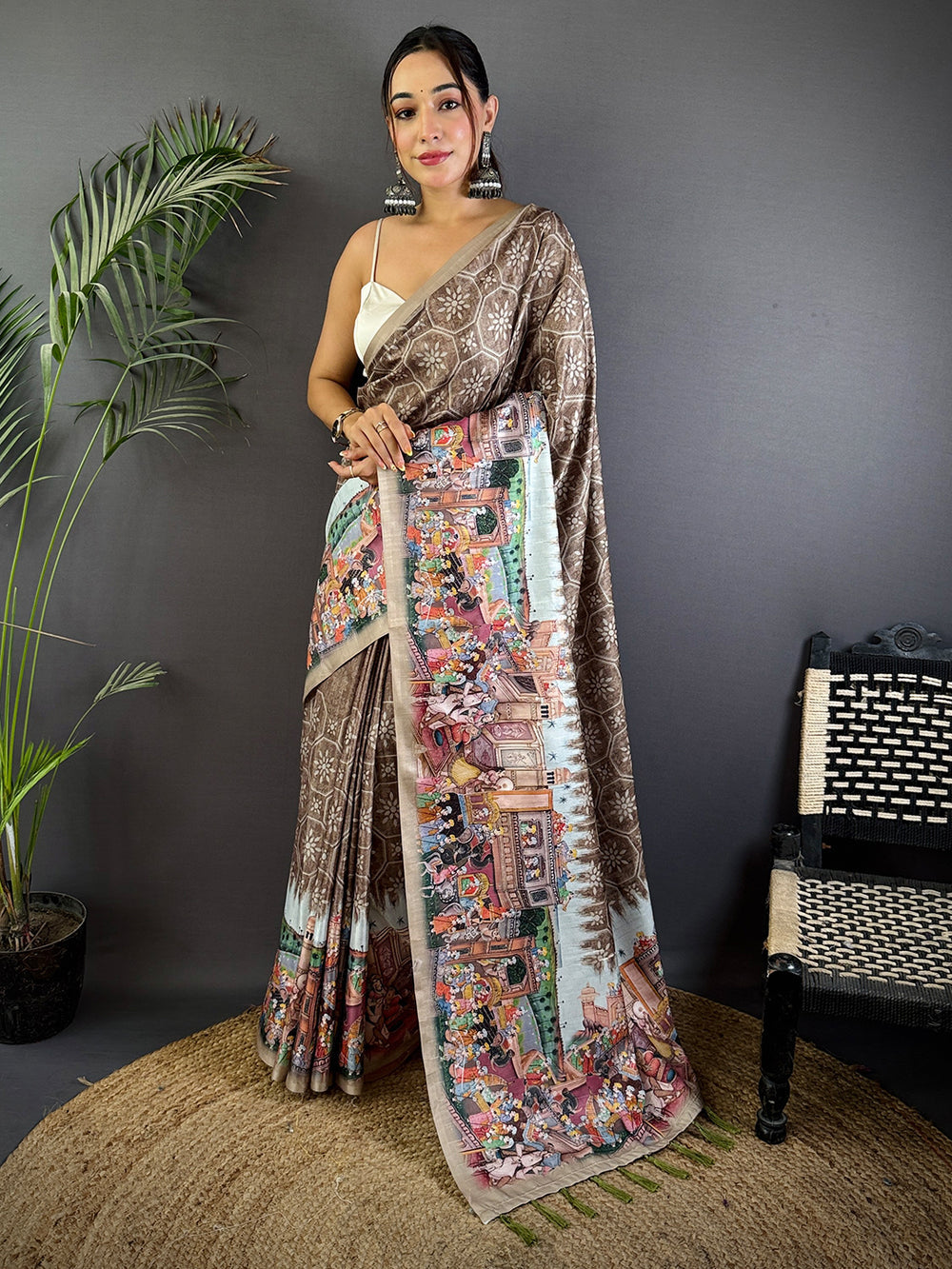 Brown Kalamkari Printed Saree for Women