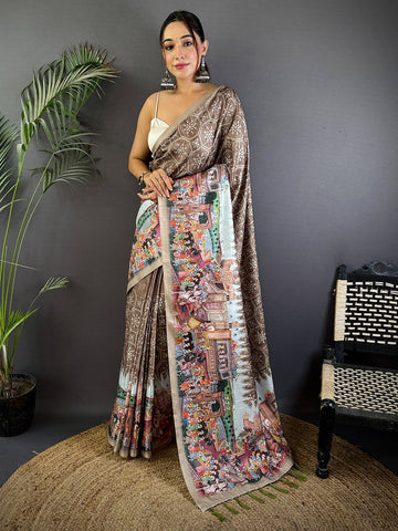 Brown Kalamkari Printed Saree for Women