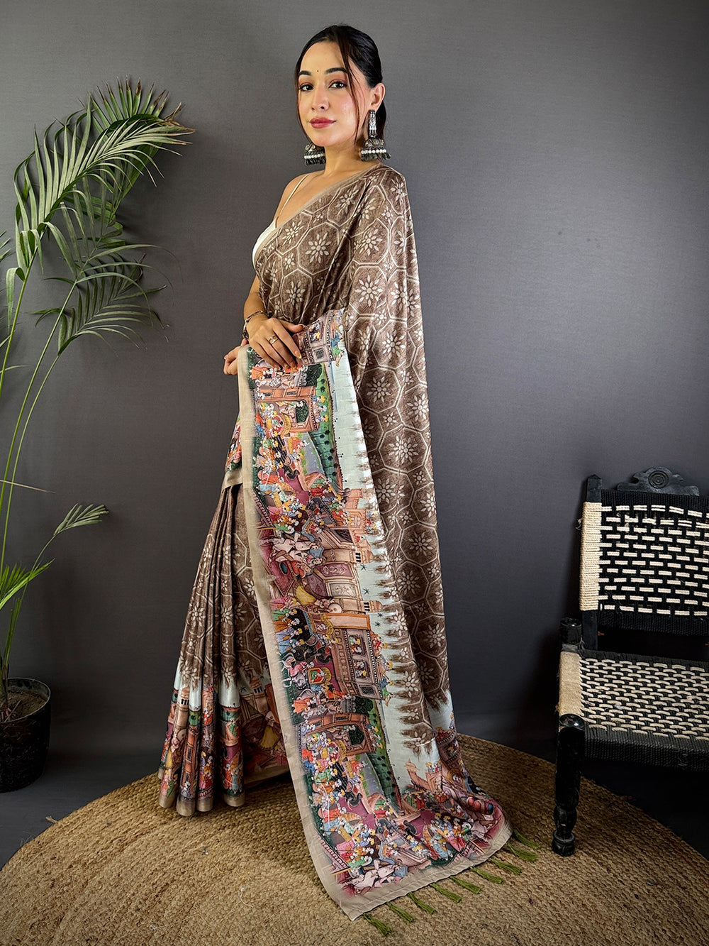 Brown Kalamkari Printed Saree for Women