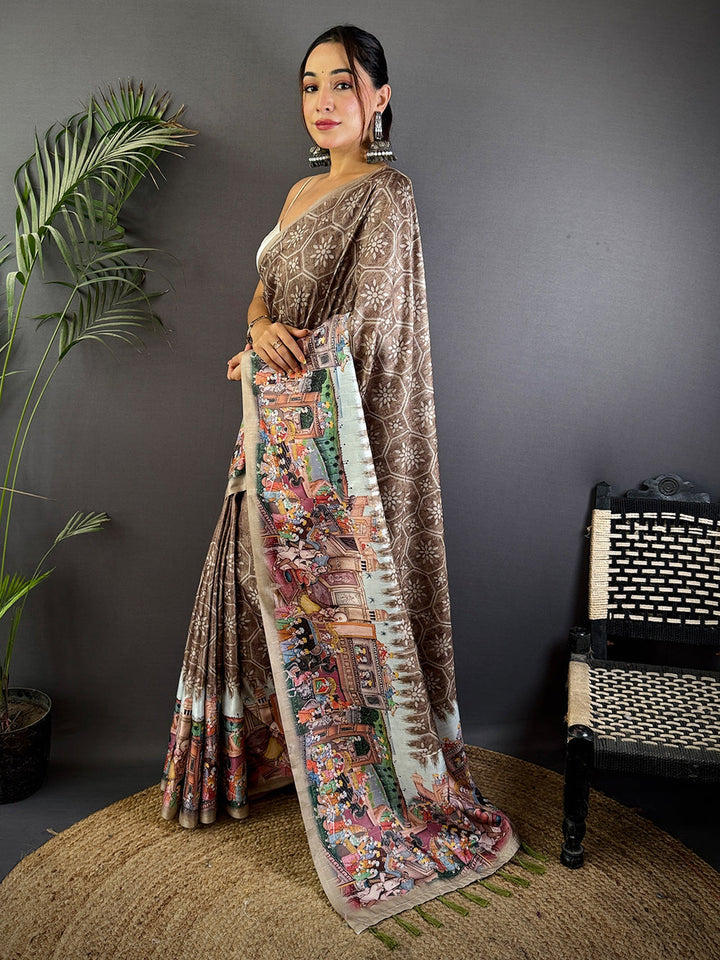 Brown Kalamkari Printed Saree for Women