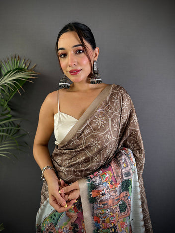 Brown Kalamkari Printed Saree for Women
