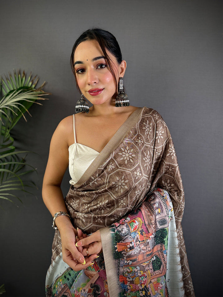 Brown Kalamkari Printed Saree for Women