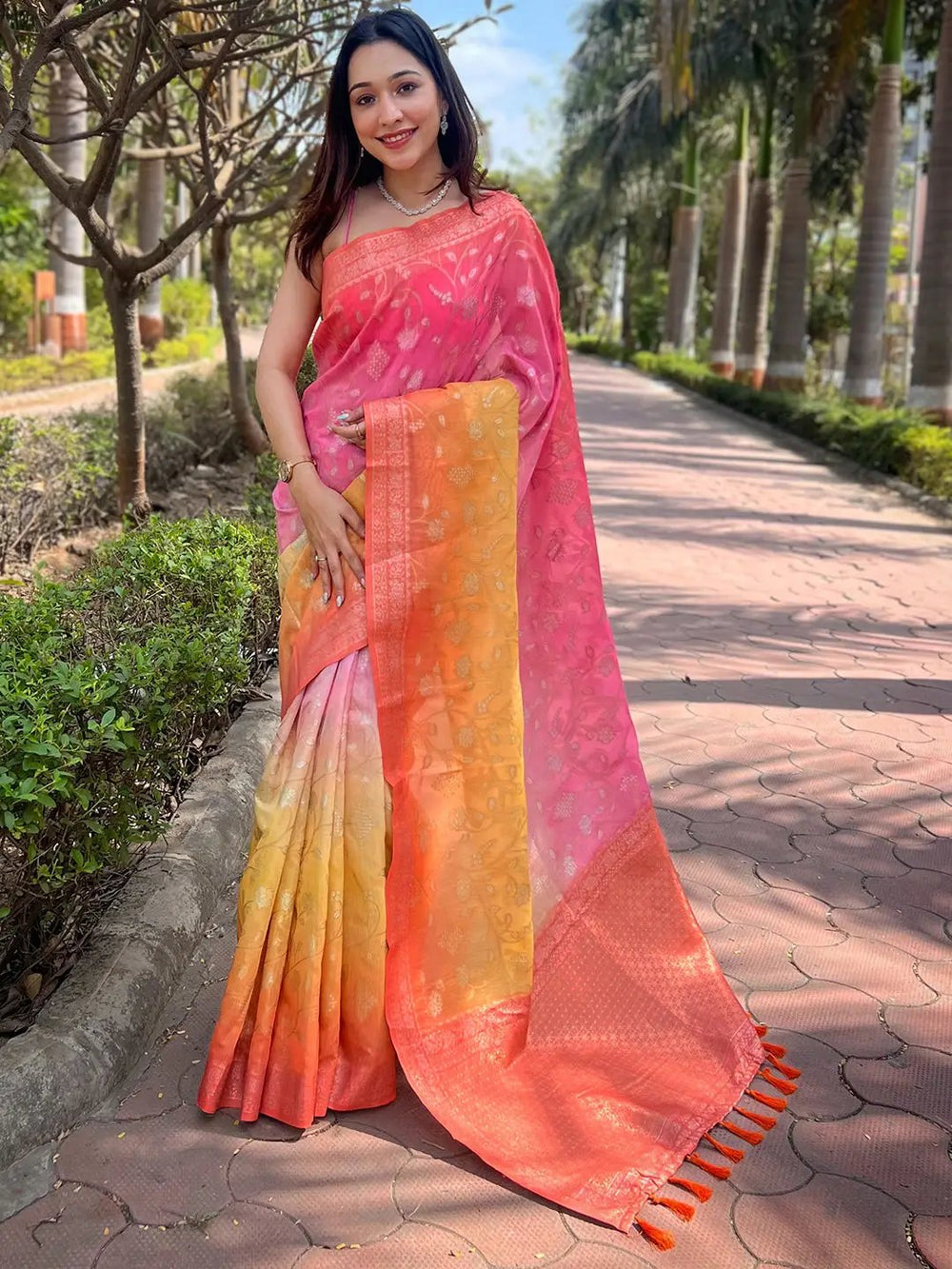 Pink & Orange Soft Silk Saree with Ombre Weave and Gold Zari Work