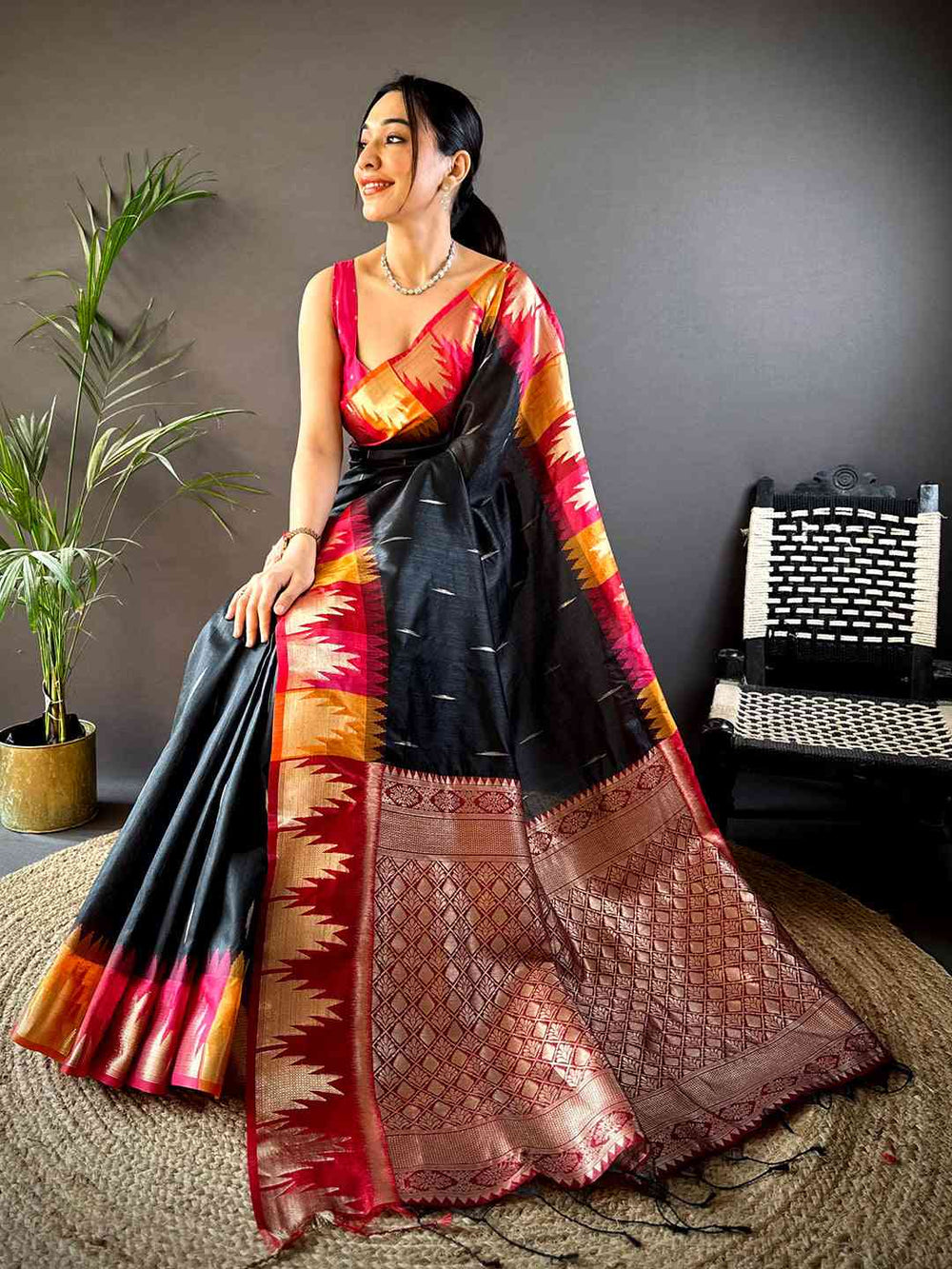 Black Ikat Patola Silk Saree for Women