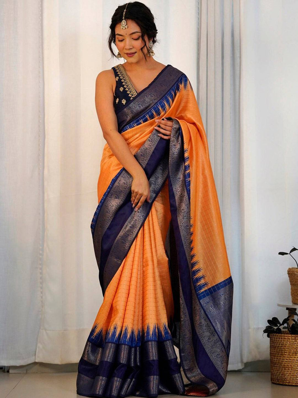 Premium Orange & Navy Blue Kanjivaram Silk Saree for Women