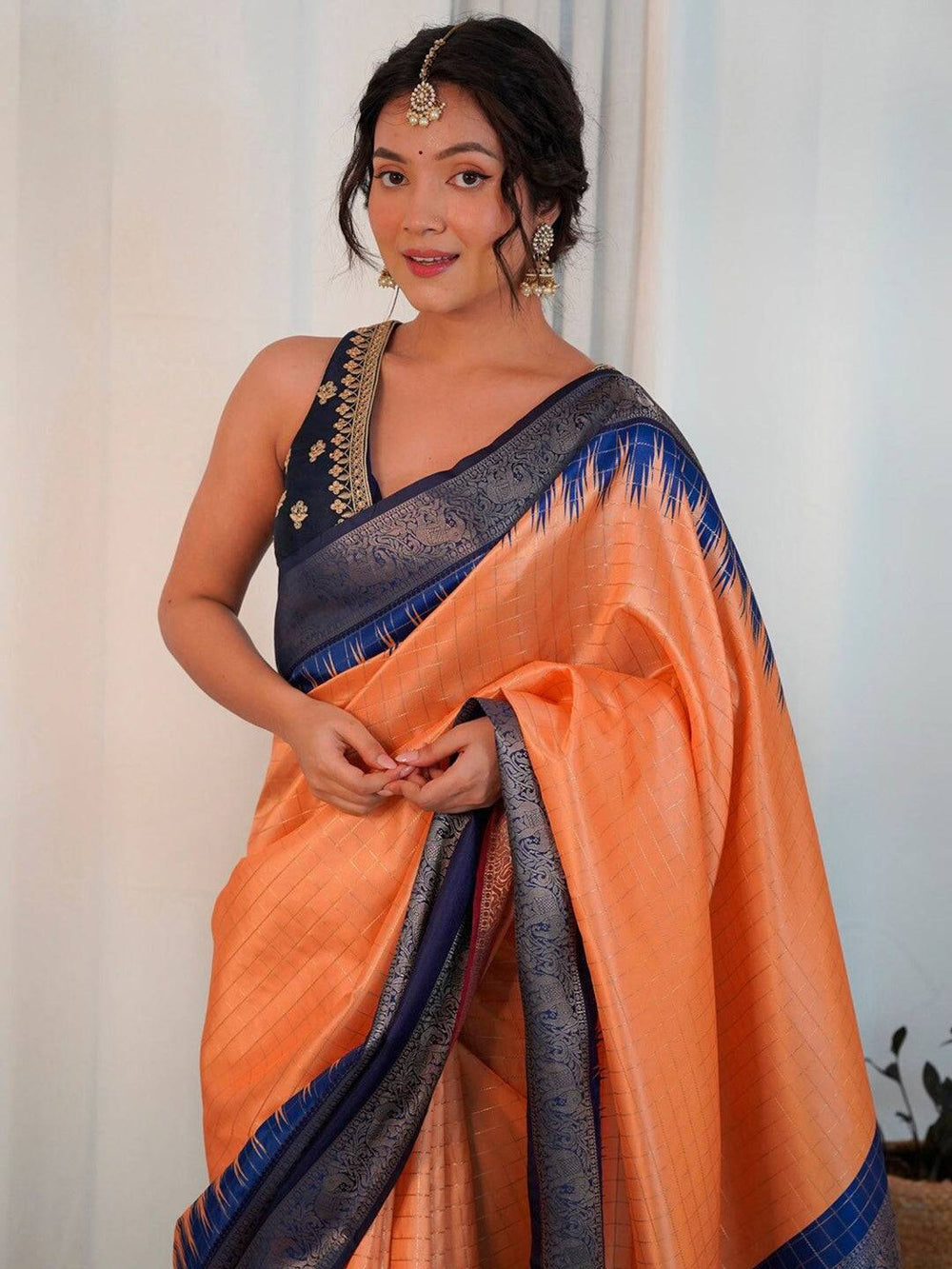 Premium Orange & Navy Blue Kanjivaram Silk Saree for Women