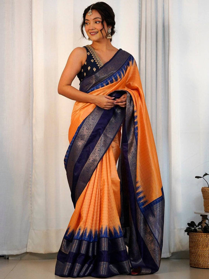 Premium Orange & Navy Blue Kanjivaram Silk Saree for Women