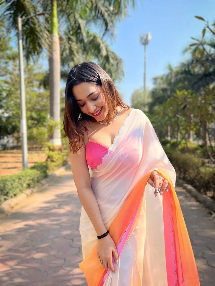 Premium Ombre Pink Orange White Satin Saree for Women