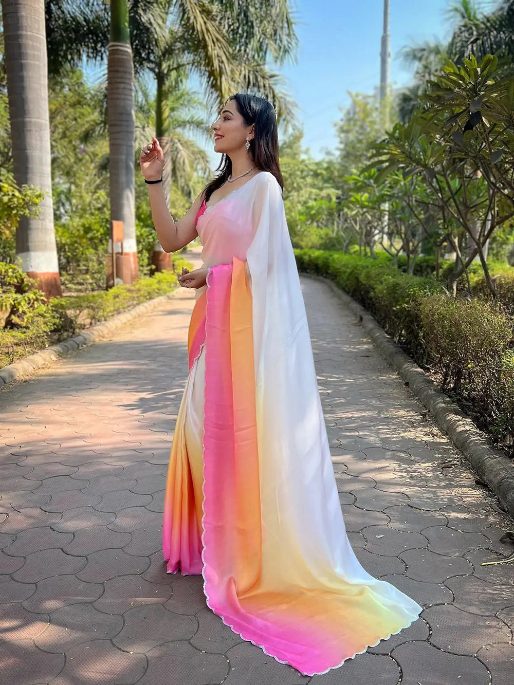 Premium Ombre Pink Orange White Satin Saree for Women