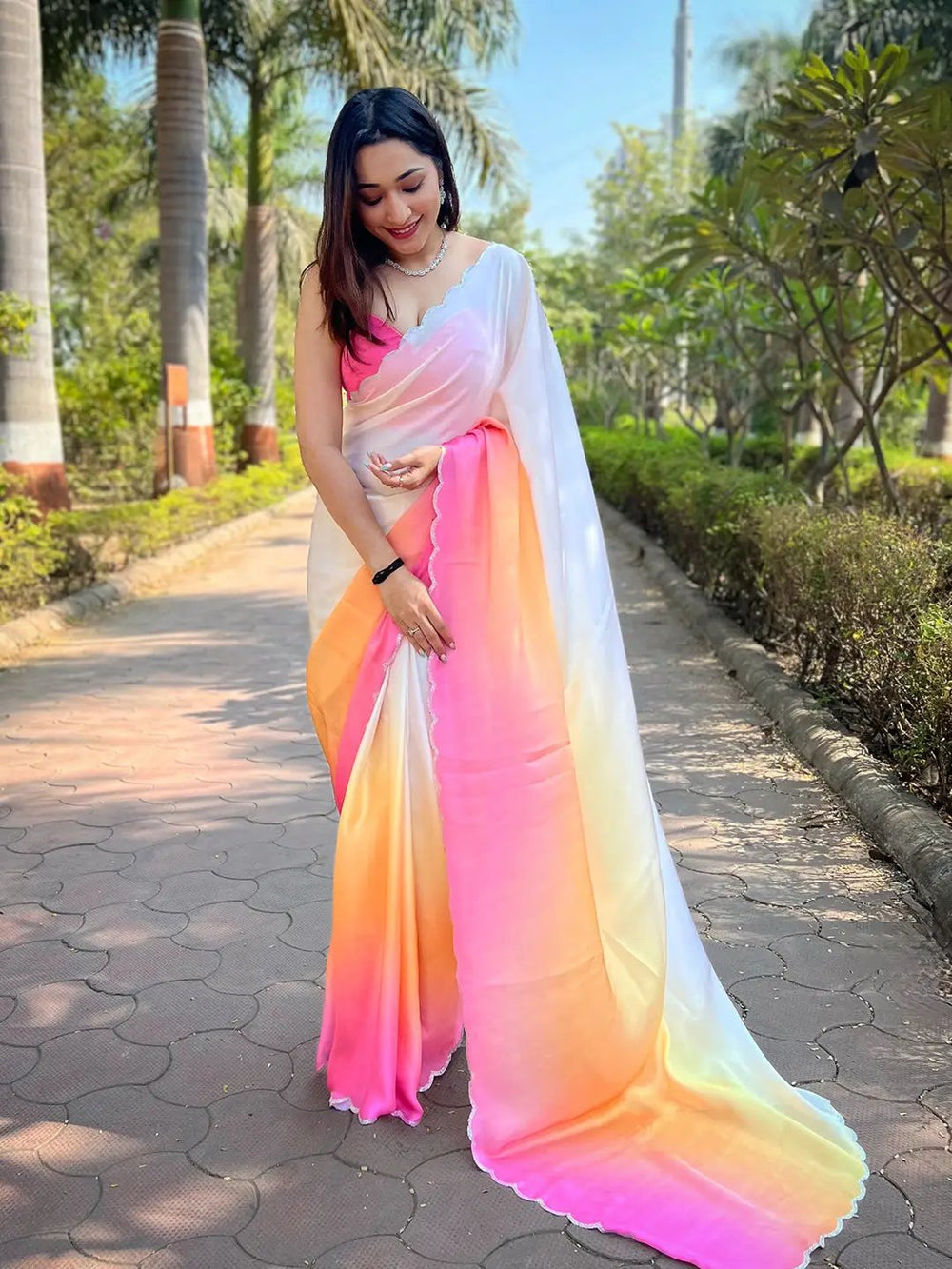 Premium Ombre Pink Orange White Satin Saree for Women