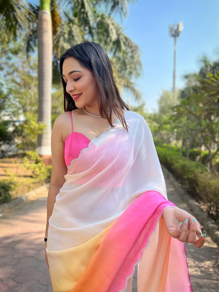 Premium Ombre Pink Orange White Satin Saree for Women