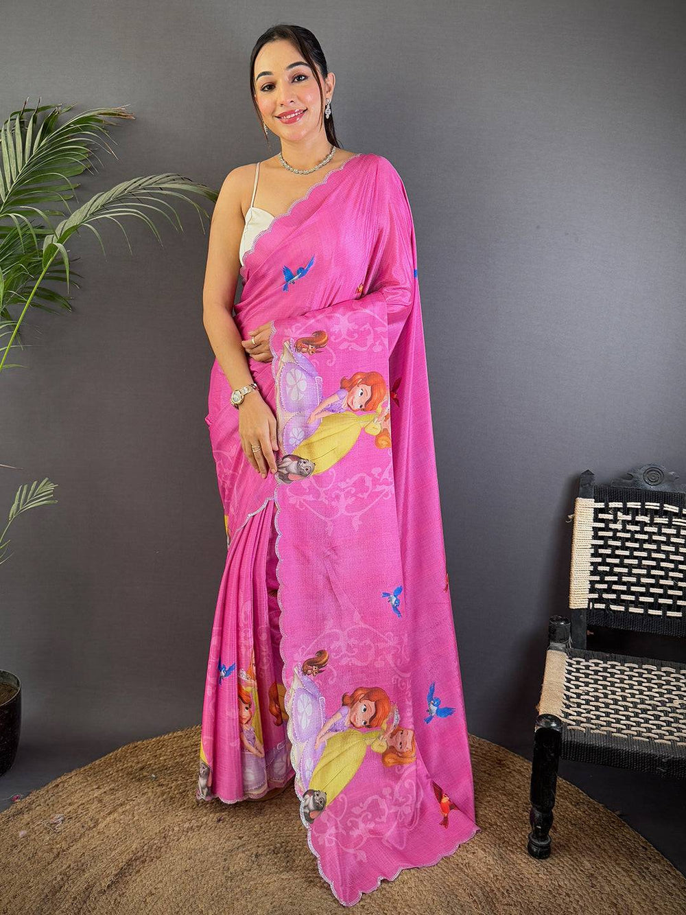 Pink Cartoon Print Soft Silk Saree With Scallop Border