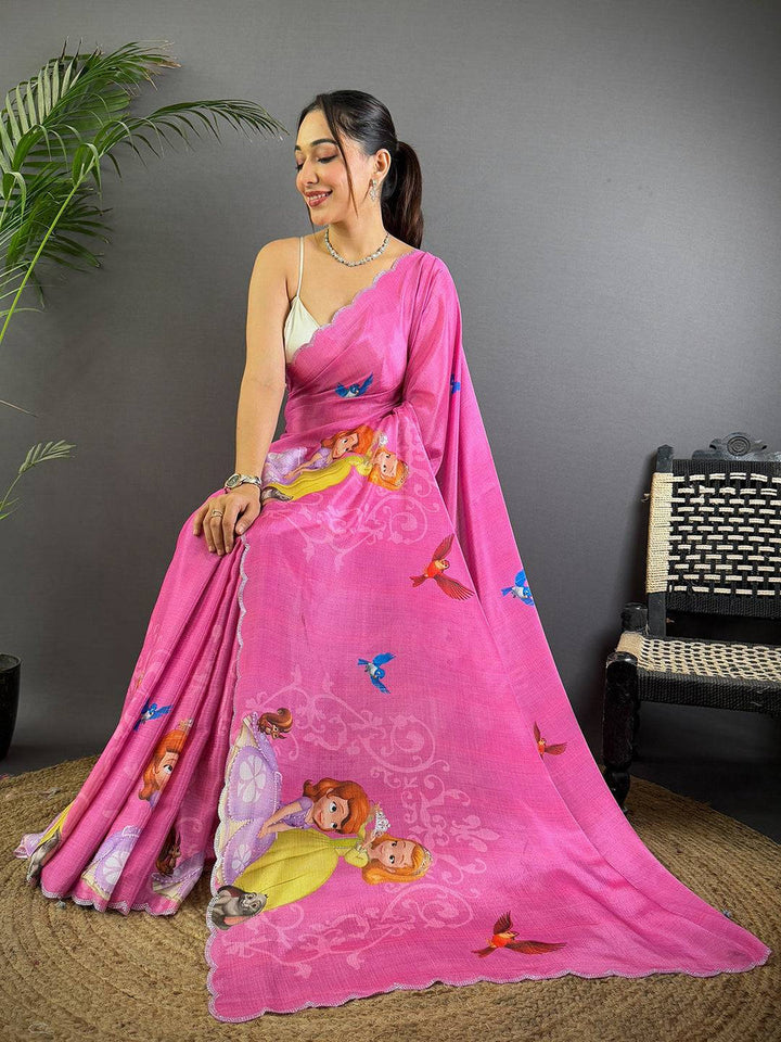 Pink Cartoon Print Soft Silk Saree With Scallop Border