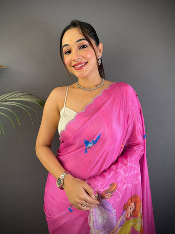 Pink Cartoon Print Soft Silk Saree With Scallop Border