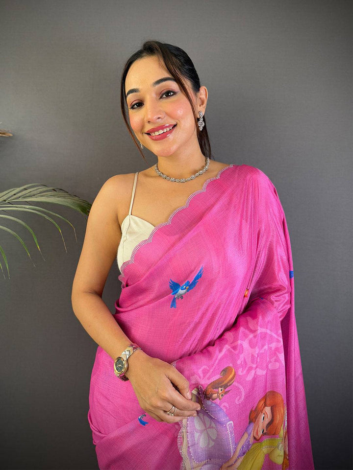 Pink Cartoon Print Soft Silk Saree With Scallop Border