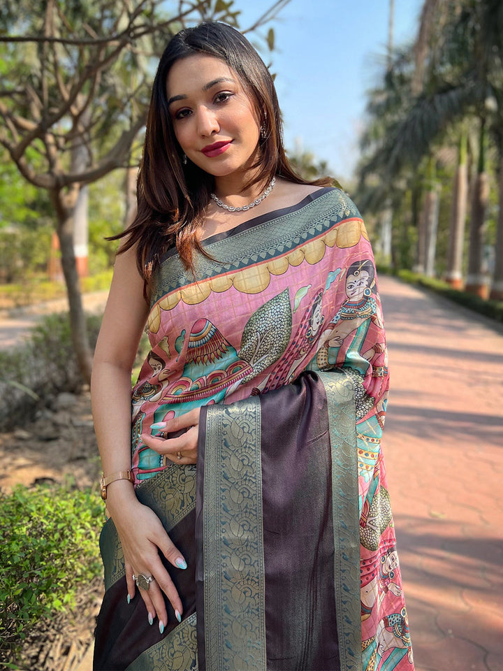 Multicolor Kalamkari Print Silk Saree with Contrast Border