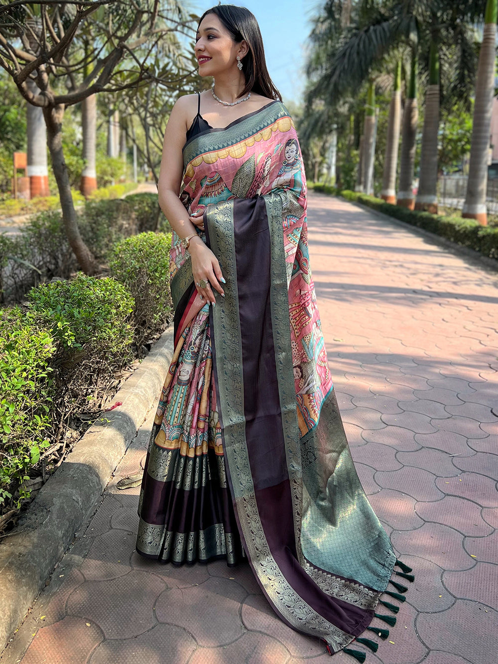 Multicolor Kalamkari Print Silk Saree with Contrast Border