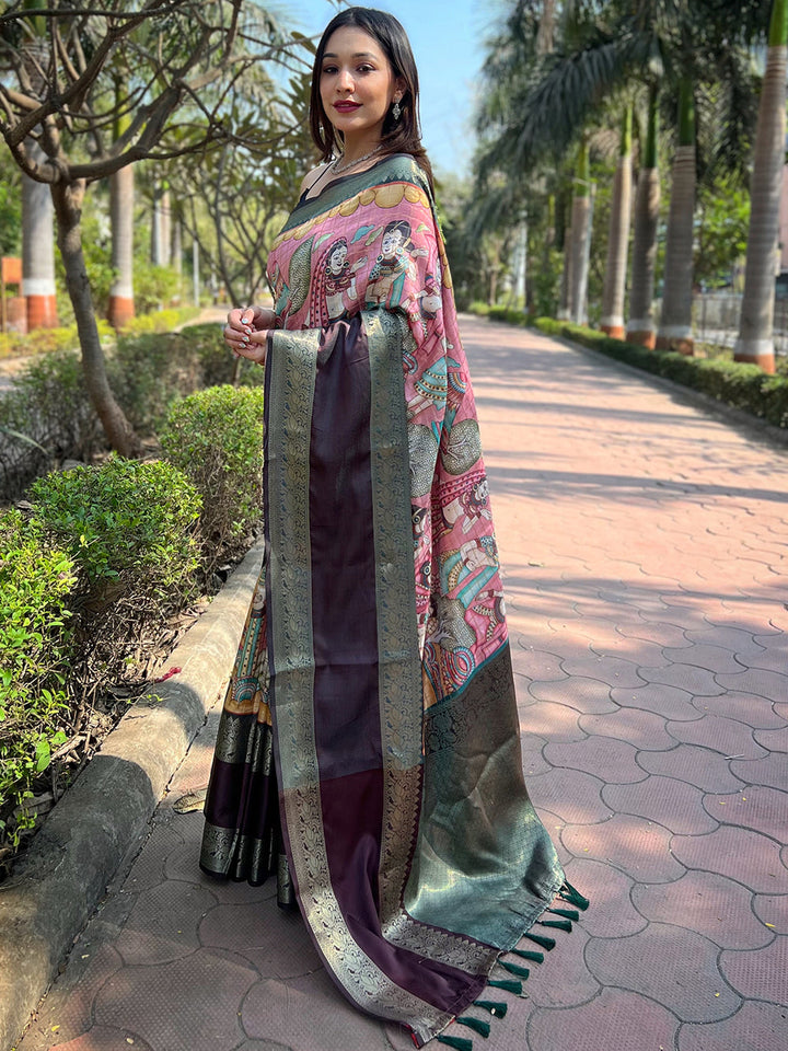Multicolor Kalamkari Print Silk Saree with Contrast Border