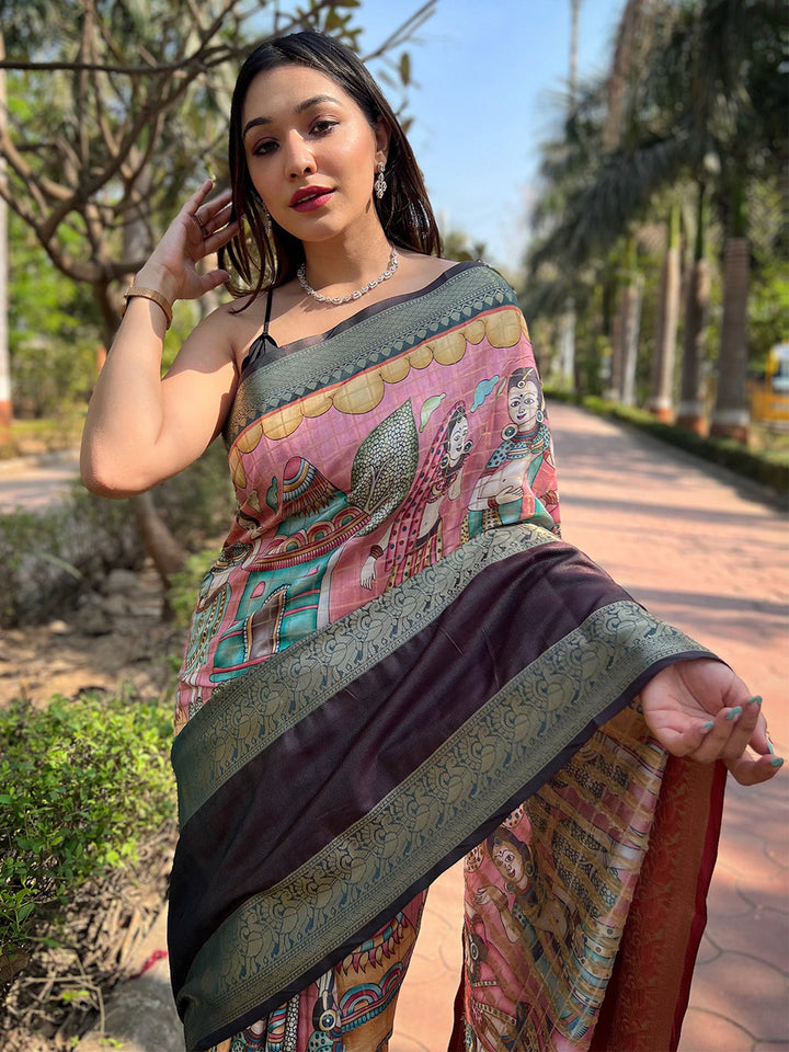 Multicolor Kalamkari Print Silk Saree with Contrast Border