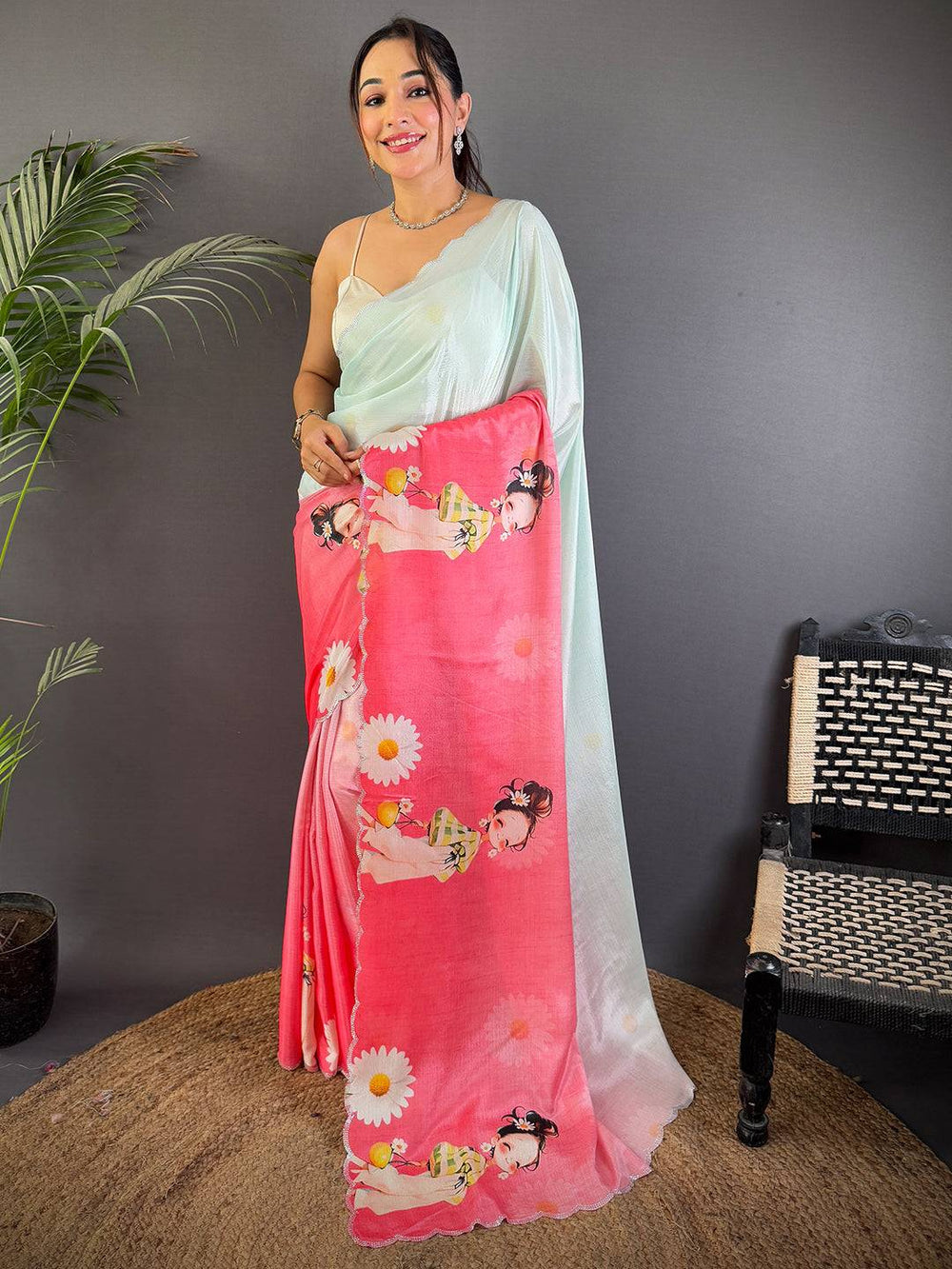 Mint Green & Pink Cartoon Print Satin Silk Saree