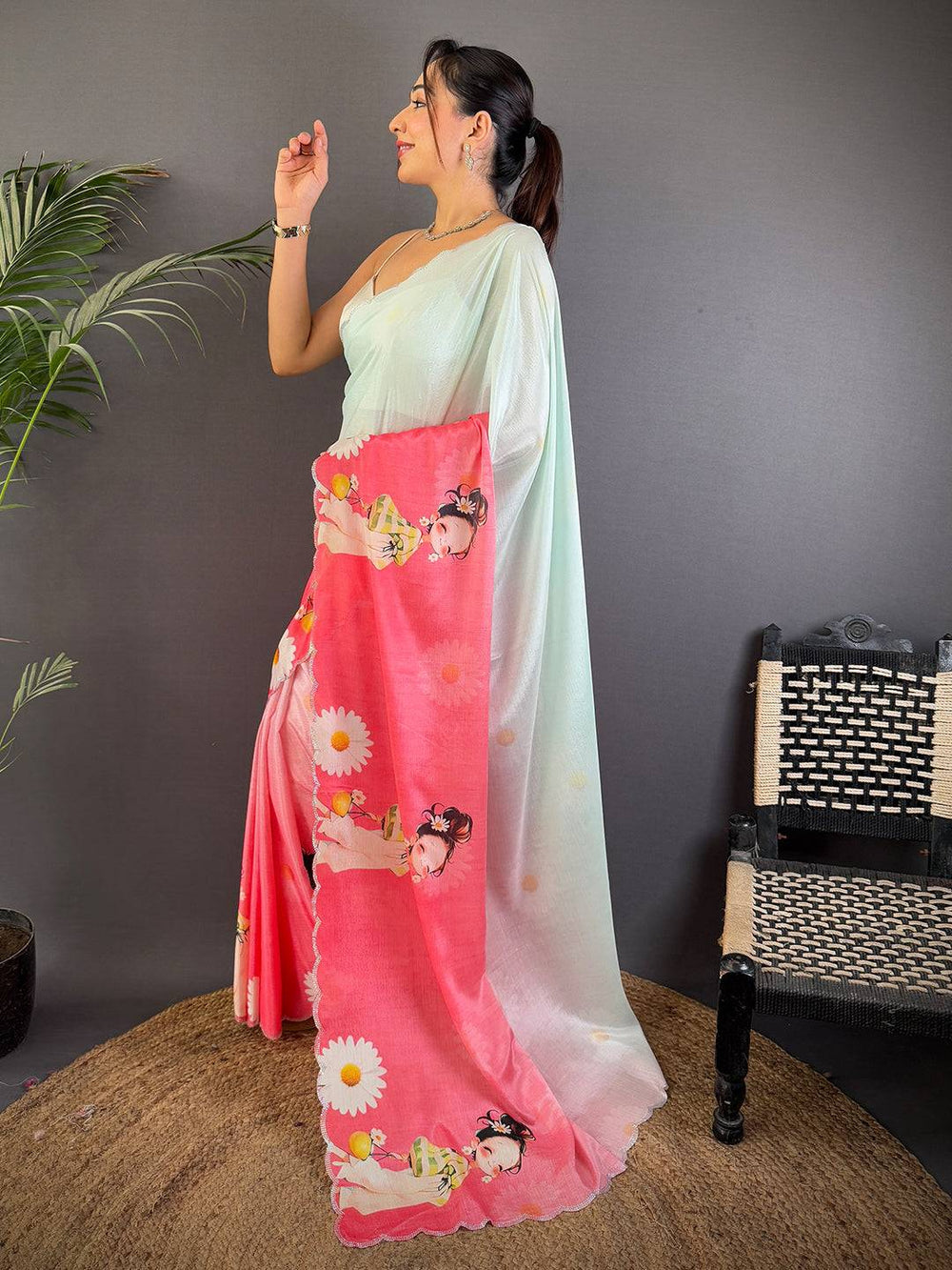 Mint Green & Pink Cartoon Print Satin Silk Saree