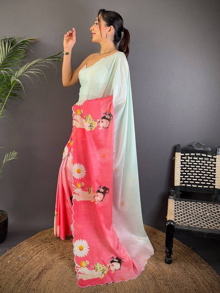 Mint Green & Pink Cartoon Print Satin Silk Saree