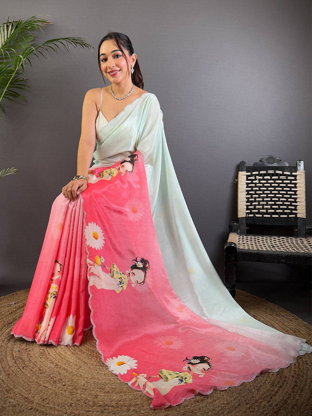 Mint Green & Pink Cartoon Print Satin Silk Saree