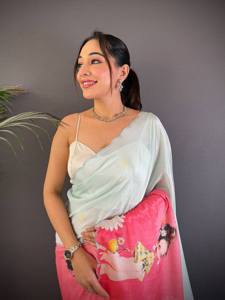 Mint Green & Pink Cartoon Print Satin Silk Saree