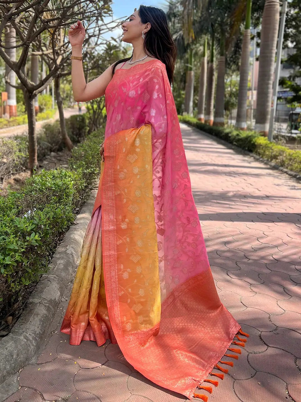 Pink & Orange Soft Silk Saree with Ombre Weave and Gold Zari Work
