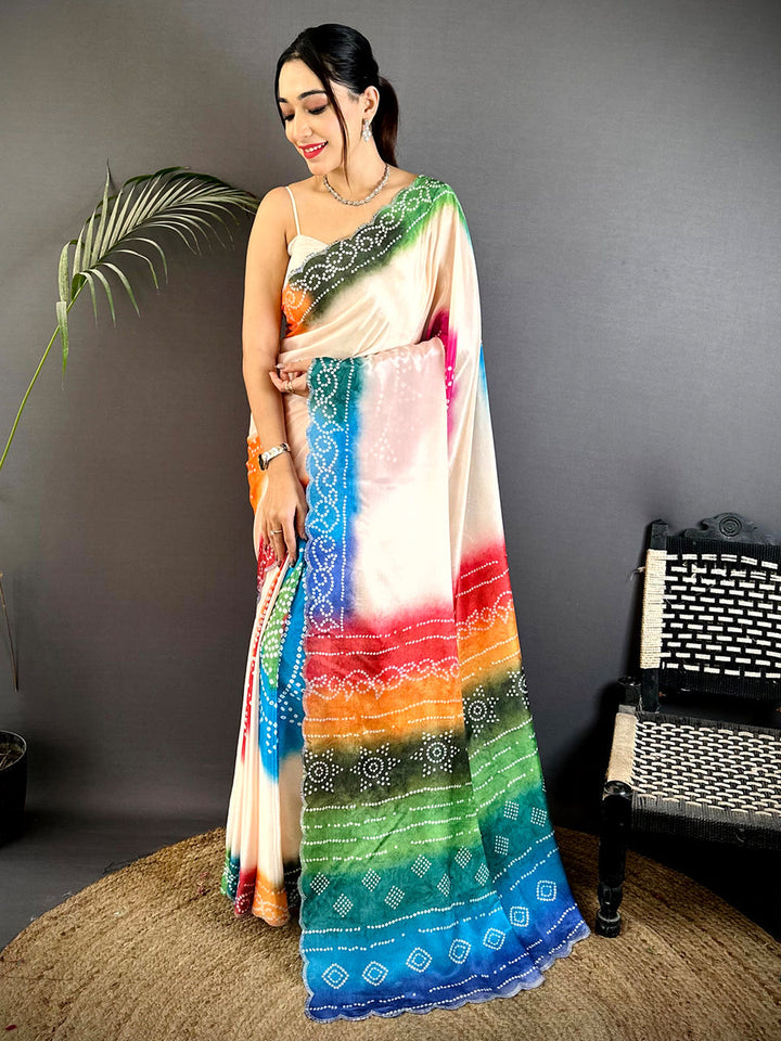 Multi Color Bandhani Print Satin Silk Saree