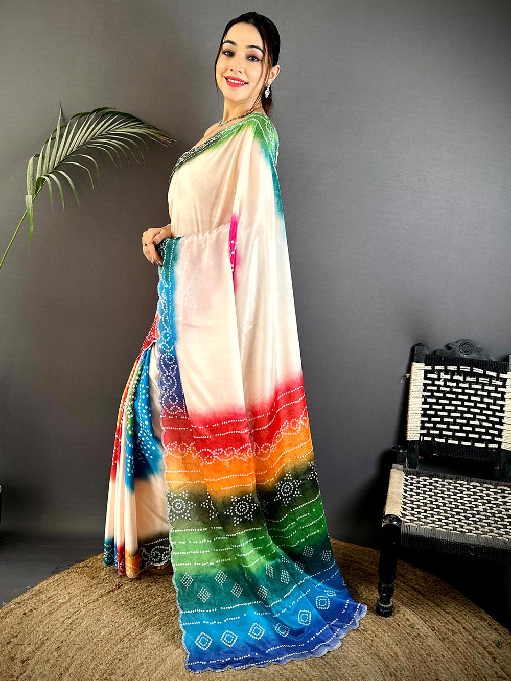 Multi Color Bandhani Print Satin Silk Saree