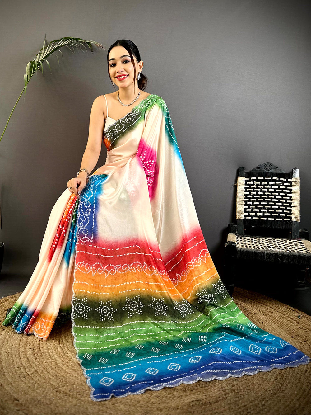 Multi Color Bandhani Print Satin Silk Saree