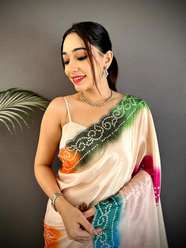 Multi Color Bandhani Print Satin Silk Saree