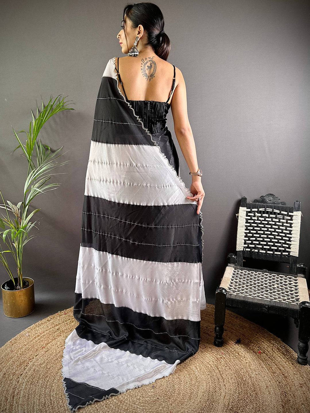 Black & White Satin Silk Saree with Bold Geometric Design