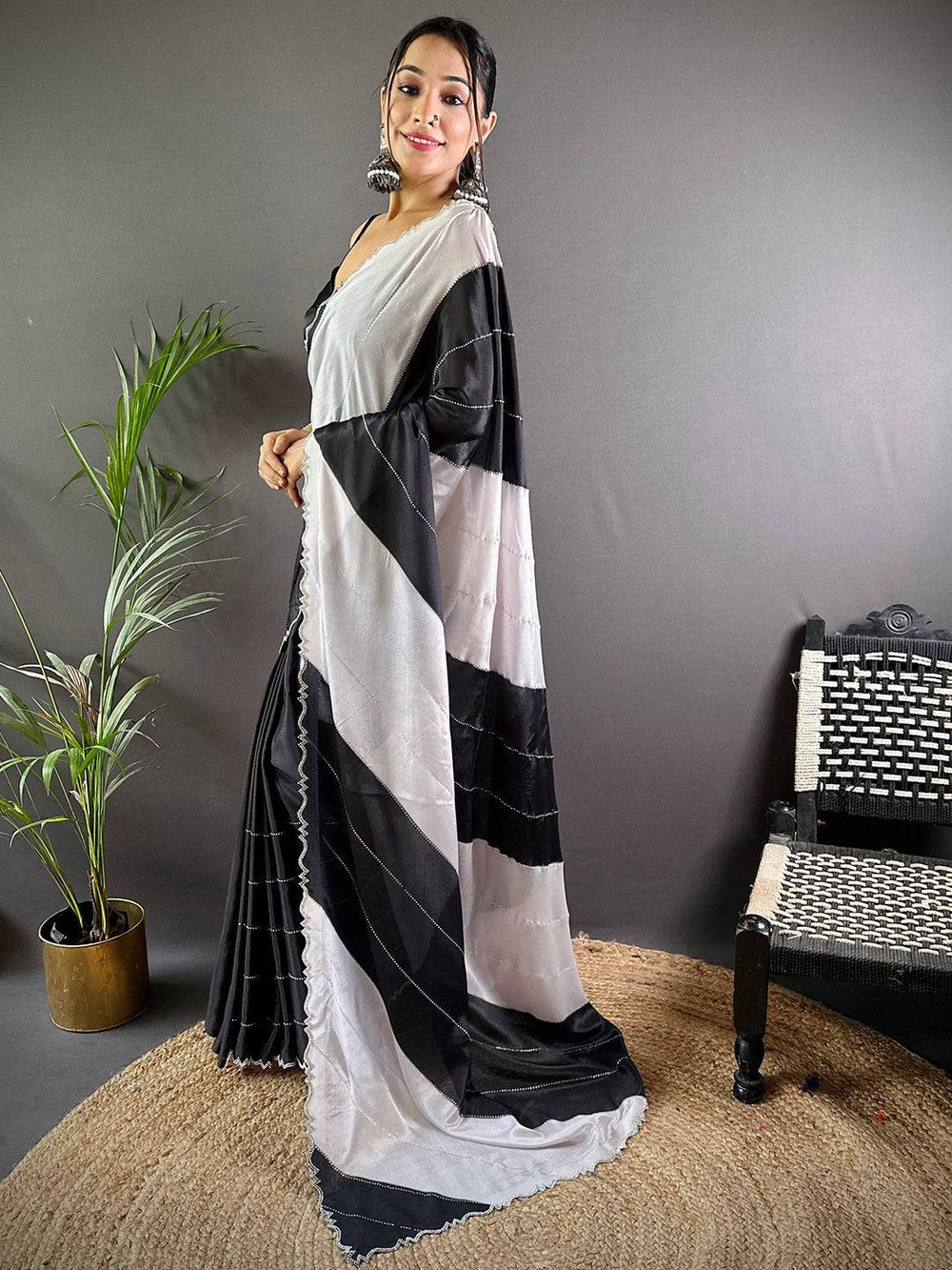 Black & White Satin Silk Saree with Bold Geometric Design