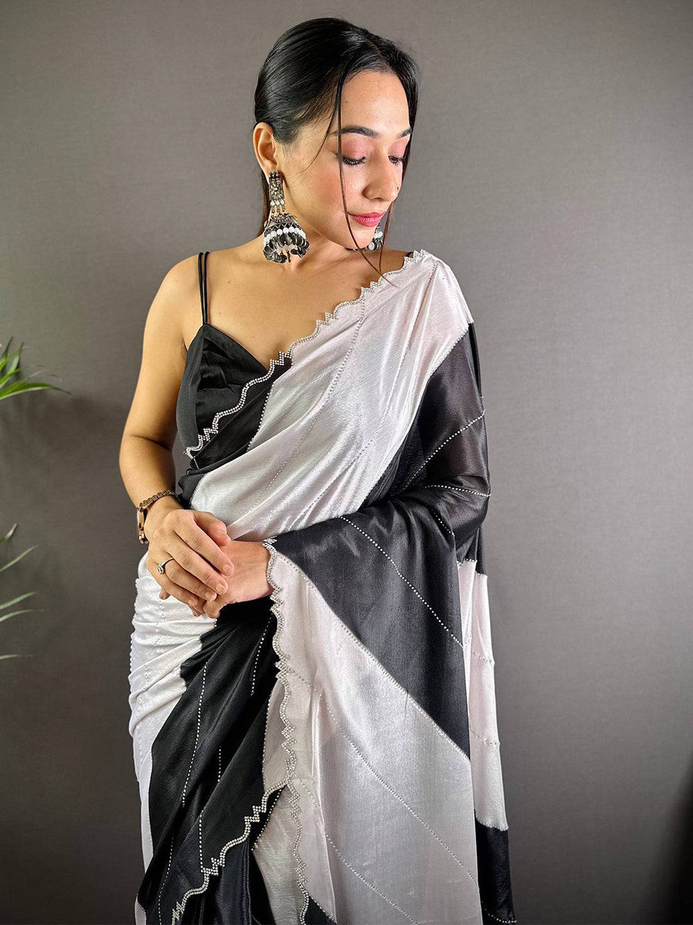 Black & White Satin Silk Saree with Bold Geometric Design