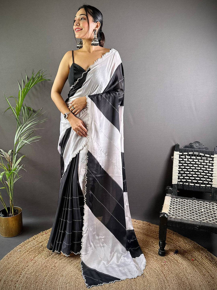 Black & White Satin Silk Saree with Bold Geometric Design