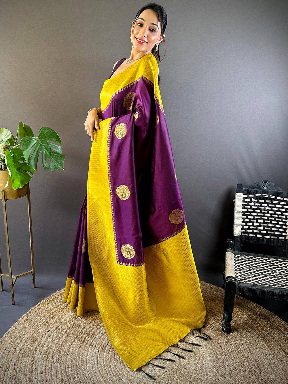 Mustard Yellow & Purple Banarasi Silk Saree with Zari Weaving Border & Motif Design