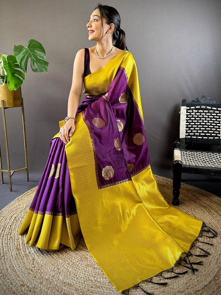 Mustard Yellow & Purple Banarasi Silk Saree with Zari Weaving Border & Motif Design