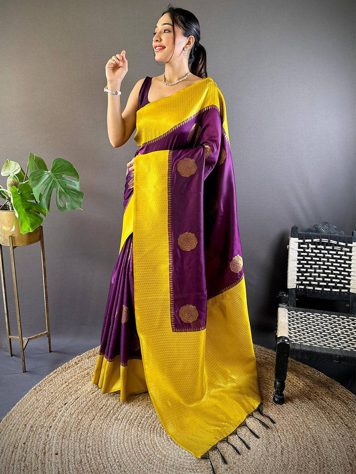 Mustard Yellow & Purple Banarasi Silk Saree with Zari Weaving Border & Motif Design