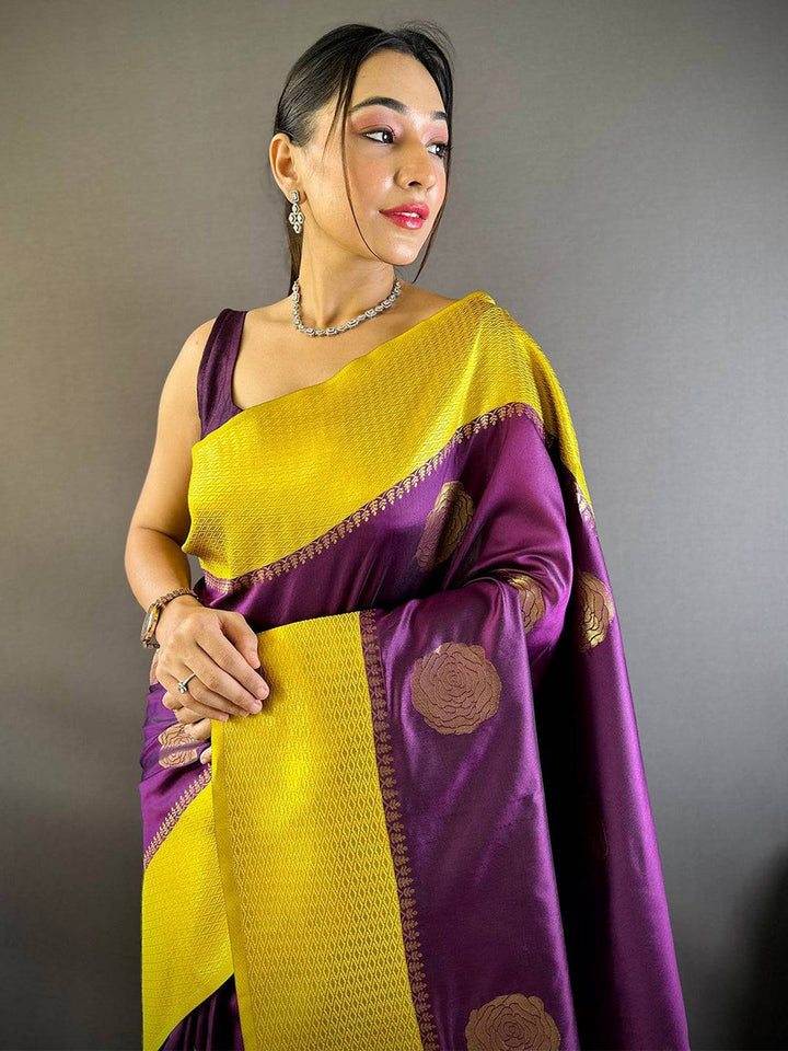 Mustard Yellow & Purple Banarasi Silk Saree with Zari Weaving Border & Motif Design