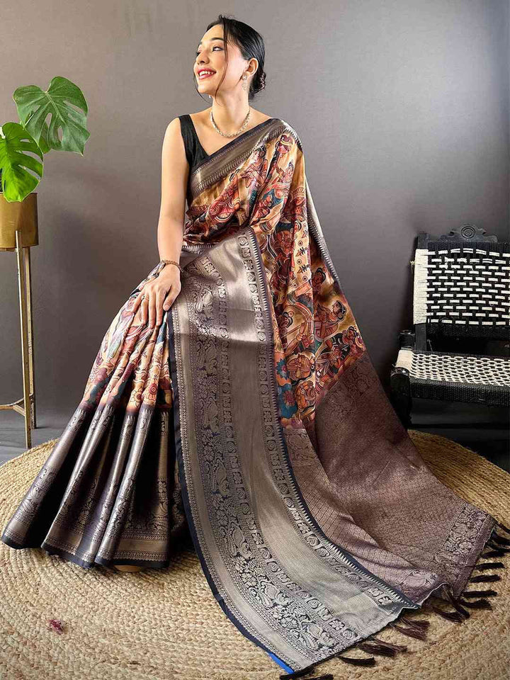 Elegant Grey & Multicolor Banarasi Silk Saree with Rich Zari Weaving & Traditional Print