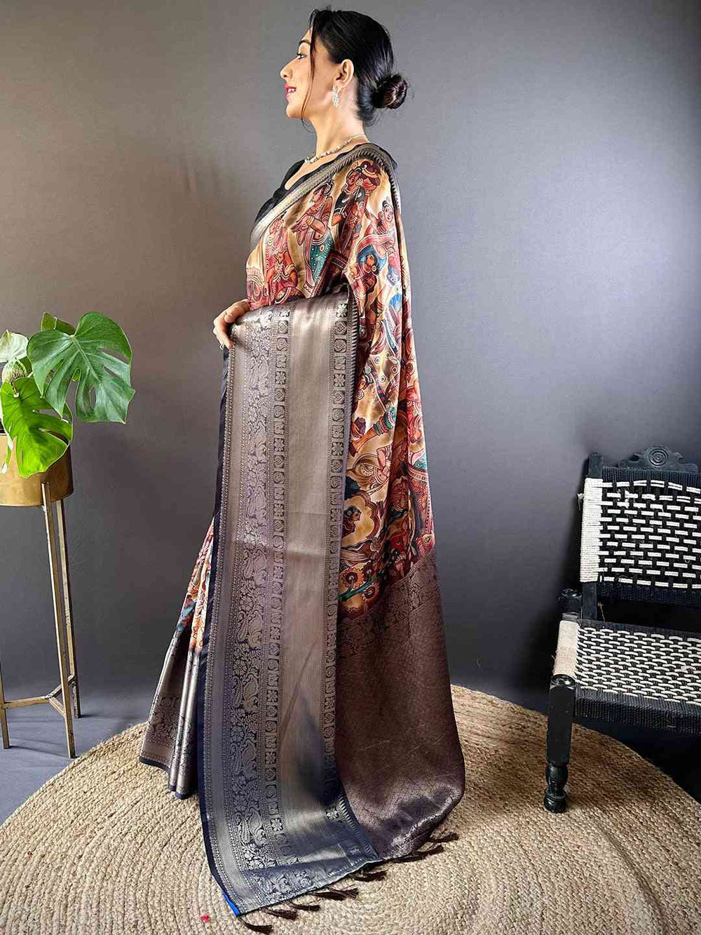 Elegant Grey & Multicolor Banarasi Silk Saree with Rich Zari Weaving & Traditional Print