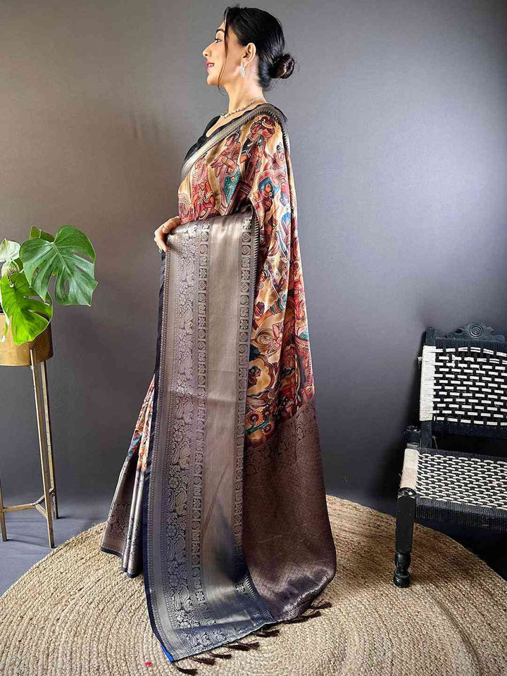 Elegant Grey & Multicolor Banarasi Silk Saree with Rich Zari Weaving & Traditional Print