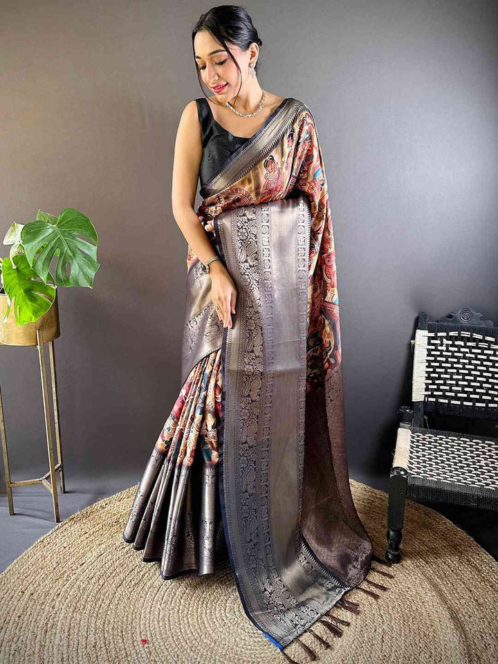 Elegant Grey & Multicolor Banarasi Silk Saree with Rich Zari Weaving & Traditional Print