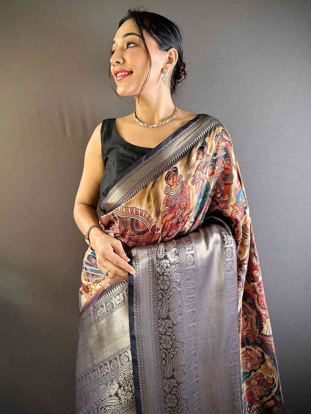 Elegant Grey & Multicolor Banarasi Silk Saree with Rich Zari Weaving & Traditional Print