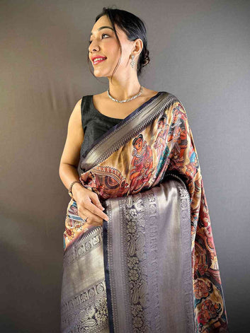 Elegant Grey & Multicolor Banarasi Silk Saree with Rich Zari Weaving & Traditional Print
