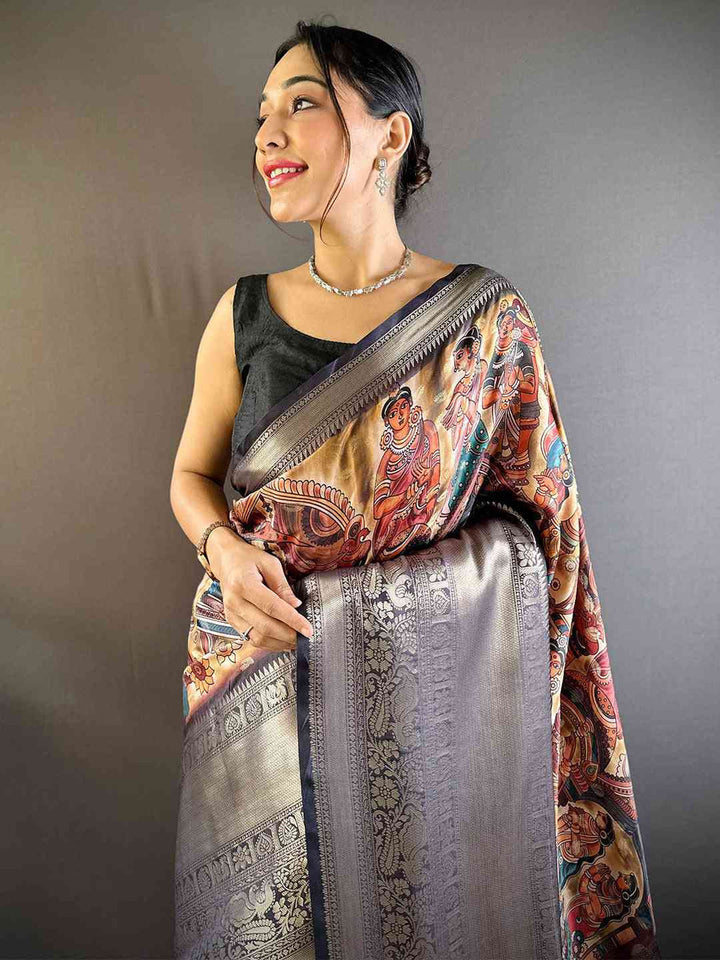 Elegant Grey & Multicolor Banarasi Silk Saree with Rich Zari Weaving & Traditional Print